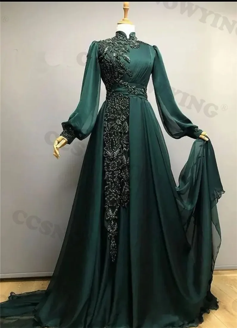 

Зеленое шифоновое платье с аппликацией, мусульманское вечернее платье, женское официальное платье, арабское платье Дубая, женское платье для вечеринки
