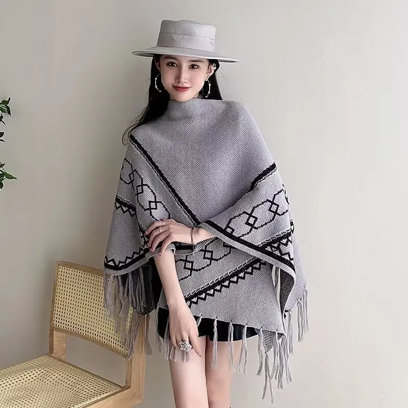

Ethnic style jacquard tassel knitted shawl for women in spring and autumn, new retro fashion, warm outer layer cape, cardigan