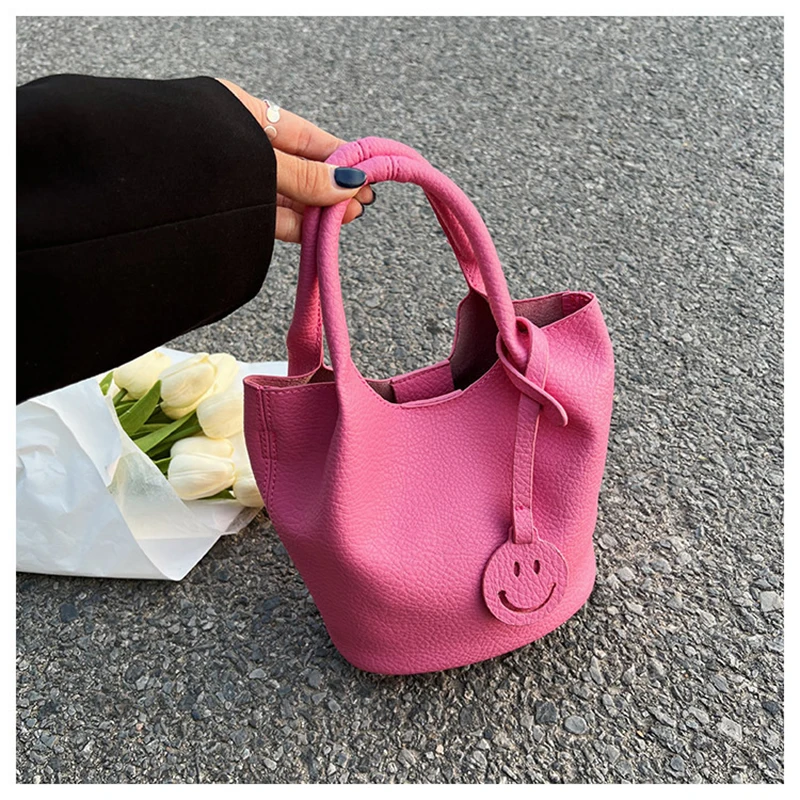 

Smiley Face PU Bucket Pink Bag Temperament All-match Soft Pu Leather Purses and Handbags Fashionable Vegetable Basket