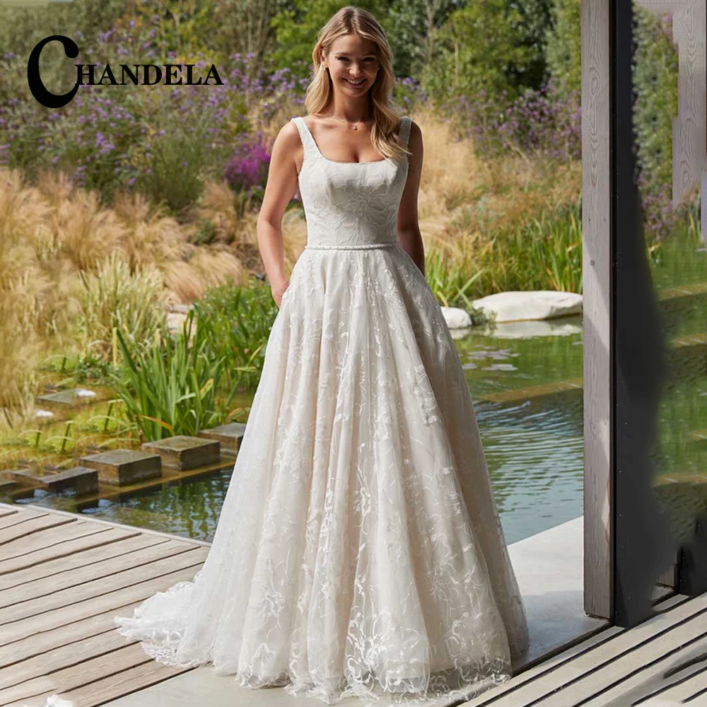 

CHANDELA Graceful Tulle Square Collar Wedding Dresses Tank Backless Sleeveless Appliques A-Line Pleat Customised Robe De Mariée