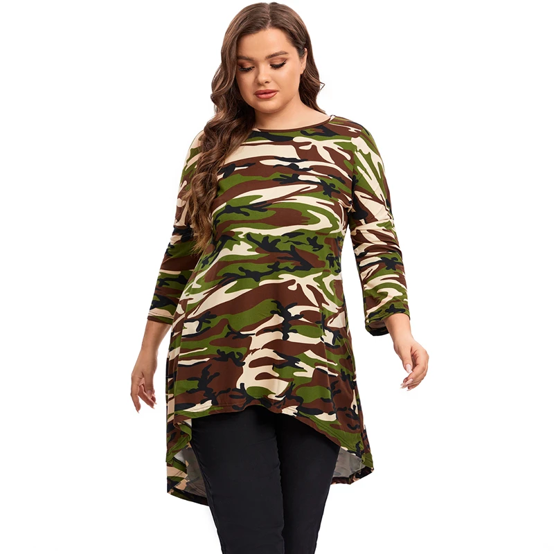 

Plus Size Long Sleeve Camouflage Tunic Tops Long Loose Elegant Autumn Hi Low Swing Blouse T-shirt Plus Size Clothing Women 6XL
