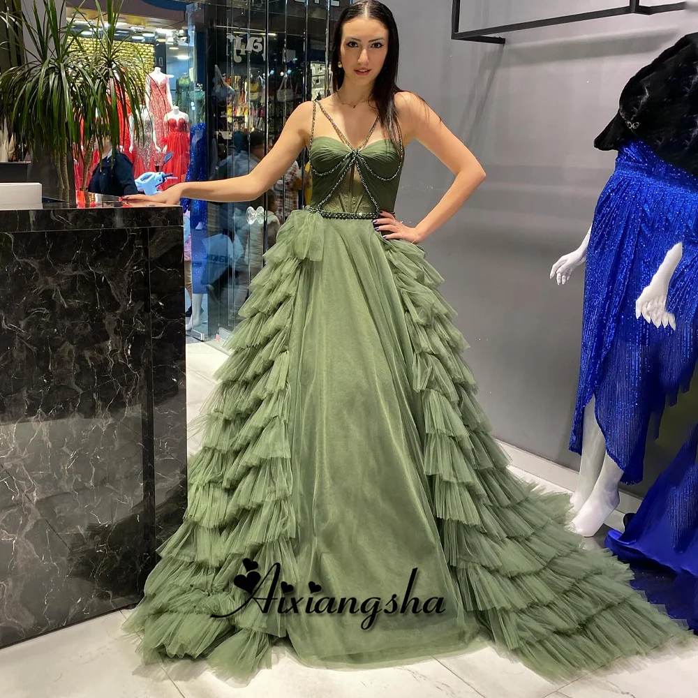 

Aixiangsha Trendy Frilled Prom Dresses V-Neck Tight Bust Criss-Cross Ruffles Diamonds Court Train Robe de Soriee Drop Shipping