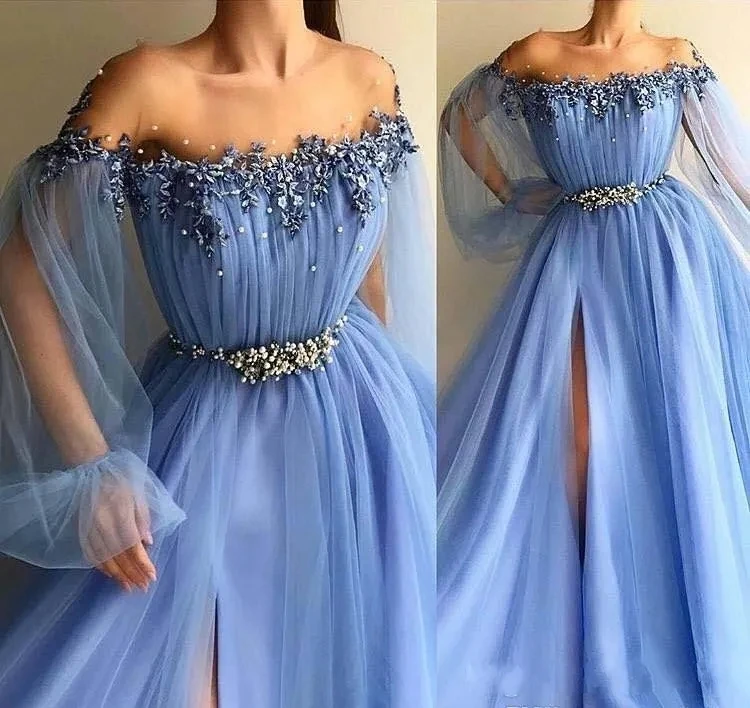 

Sexy Sky Blue Evening Dresses Wear Illusion Neck Off Shoulder A Line Sashes Beaded Tulle Backless Custom Party Prom Gowns