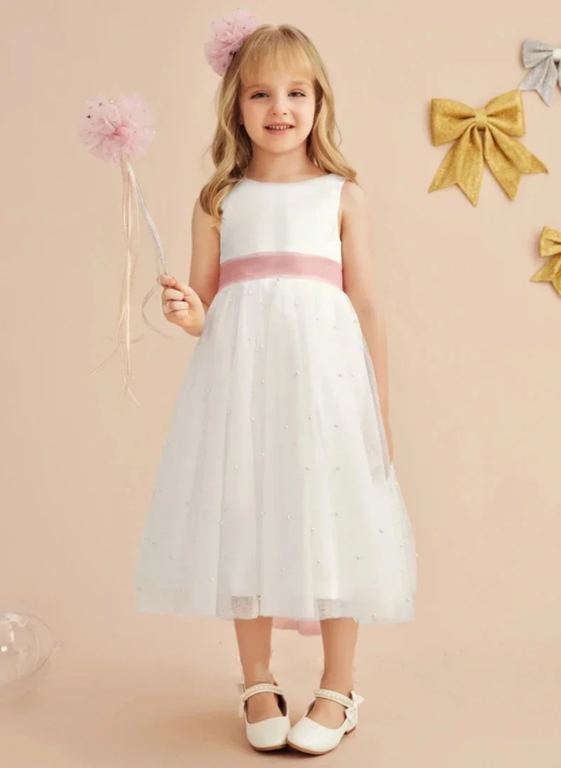 

Elegant Flower Girl Dresses for Weddings Bow Tea Length Tulle Pearls Party Christening First Communion Gown for Toddler Kids