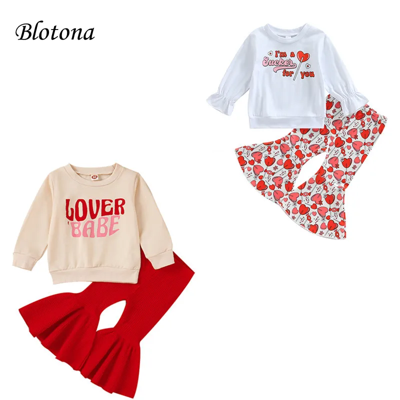 

Blotona Kids Girls Spring Autumn Outfits, Long Sleeve Valentine's Day Letter Print Tops+Heart Print Flared Pants, 6Months-4Years