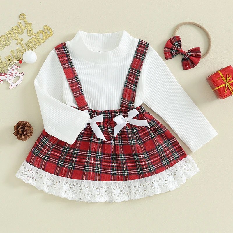 

0-18M Girl Christmas Clothing Long-Sleeved White Pit Stripe Blouse + Lace Hem Suspender Skirt + Headband Set Newborn Clothes