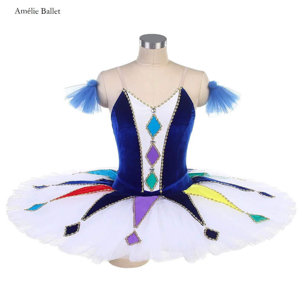 

BLL591 Harlequin Pattern Pre-Professional Ballet Dance Tutu Blue Velvet Bodice Pancake Tutus for Girls & Women Pleated Tutu