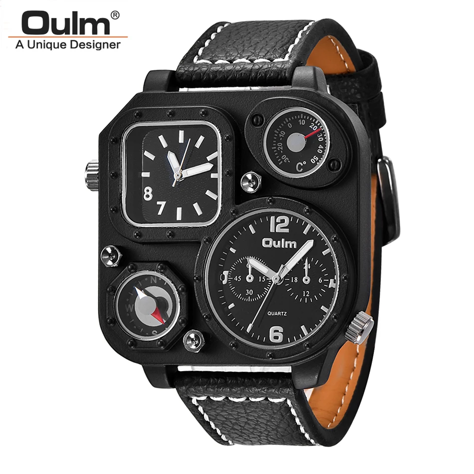 

Fashion Oulm Top Brand 1169 Black Sport Men's Square Big Dial Unique Decorative Compass Quartz Casual Men Dual Time Zone Watches