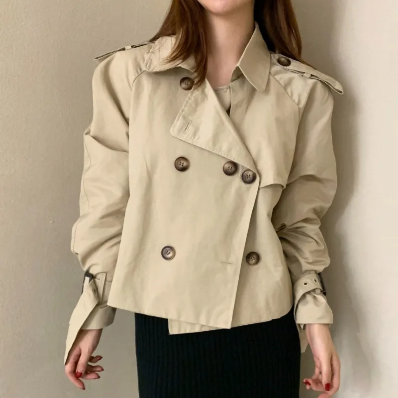 

Women's Autumn Vintage Short Trench Coat Jacket Loose Windbreakers Full Sleeve Outerwears Lapel Collar Tops 2023