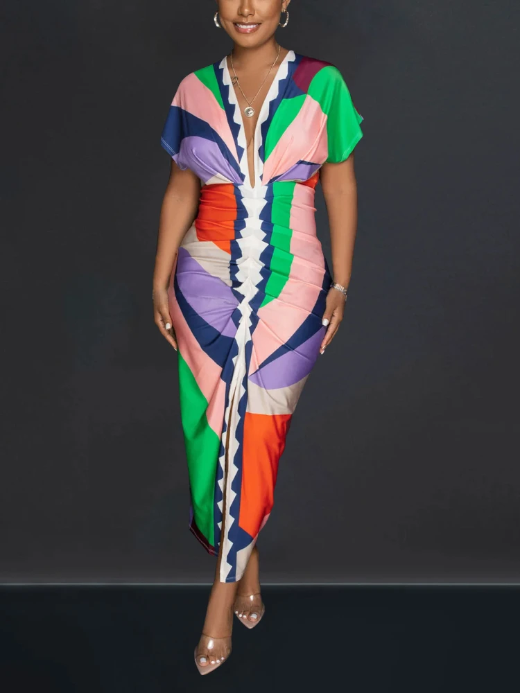 

Sexy Folds Long Printed Bodycon Dress for Woman Deep V Short Sleeve High Slit Shirring Slim Nigth Club Party African Vestidos