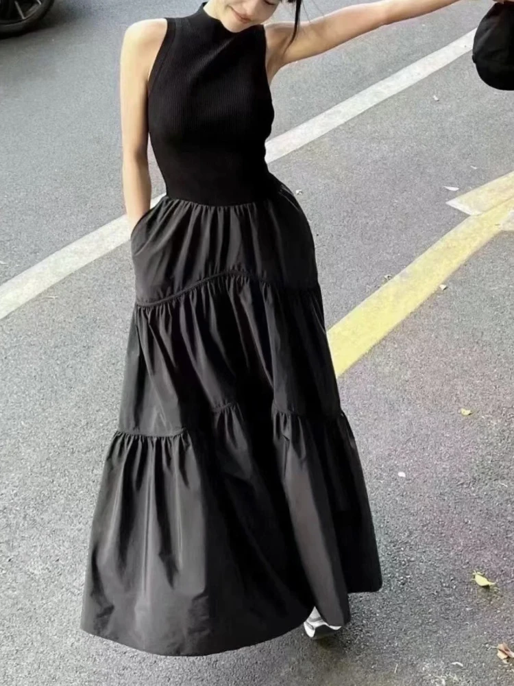 

Leslie Mock Neck Sleeveless Tiered Maxi Dress A-line Paneled Dress Jersey Top with Flowy Blend Skirt 20224 Summer Woman Clothing