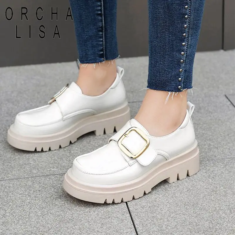 

ORCHA LISA Pumps for Female Round Toe Thick Heels 5cm Platform 3cm Slip On Loafers Metal Decor Big Size 42 43 Casual Women Shoes