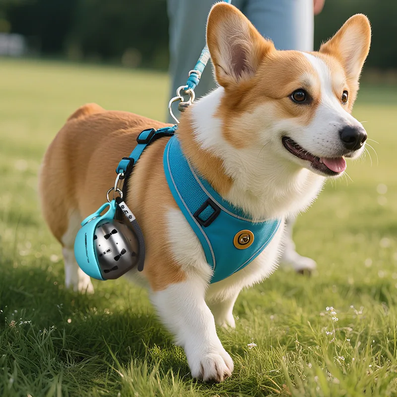 Portable Dog Water Bottle | 2-in-1 Water Bottle for Small Dogs - Leak-Proof A Corgi walking on grass wearing a bright blue mesh harness. The spherical pet water bottle in teal is securely clipped to the side of the harness with a carabiner, demonstrating hands-free portability during a walk.