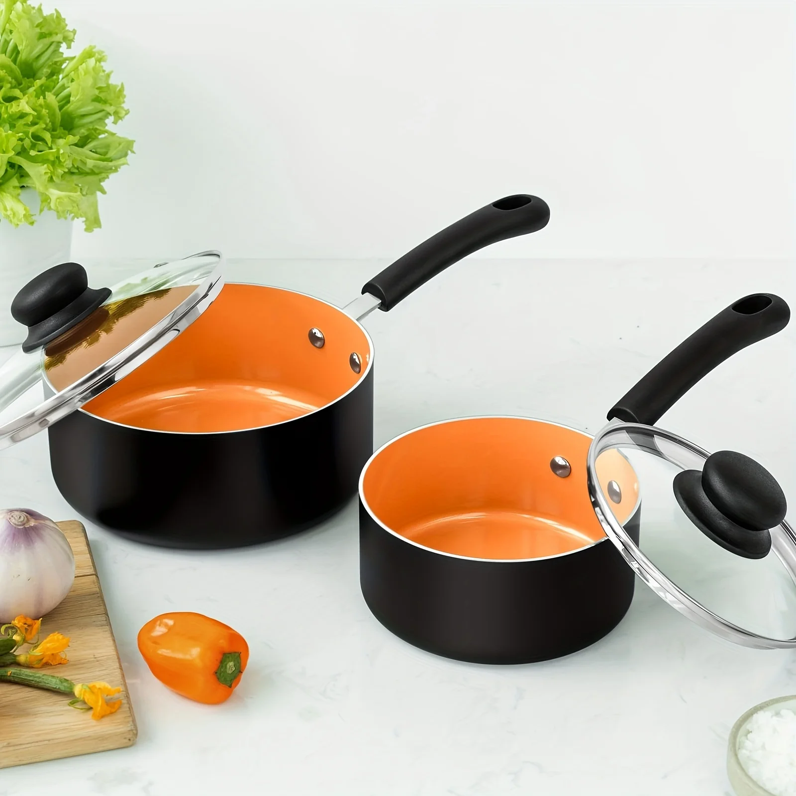 

1QT&2QT Ceramic Saucepan, Copper Saucepans, Nonstick Sauce Pan With Lid, PFAS-FREE Pot Set, Small Pots For Cooking, Multipurpose