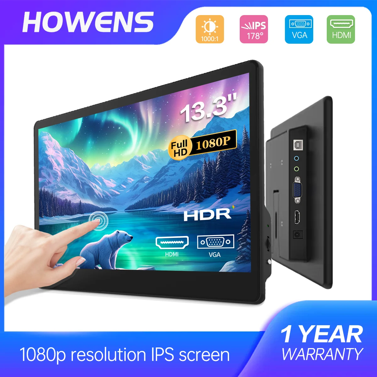 

13.3 inch Touch Monitor 1080P FHD 1920*1080 Suitable for Office Home Work and Learning Gaming Compatible with HDMI VGA USB AV