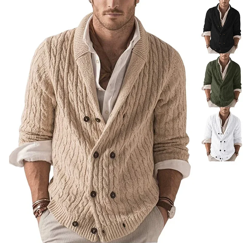 

Boys Khaki Knitted Cardigan Oversize Autumn Winter Long Sleeve Double Breasted Button Up Sweater Men Warm Thick Knitwear Xxl