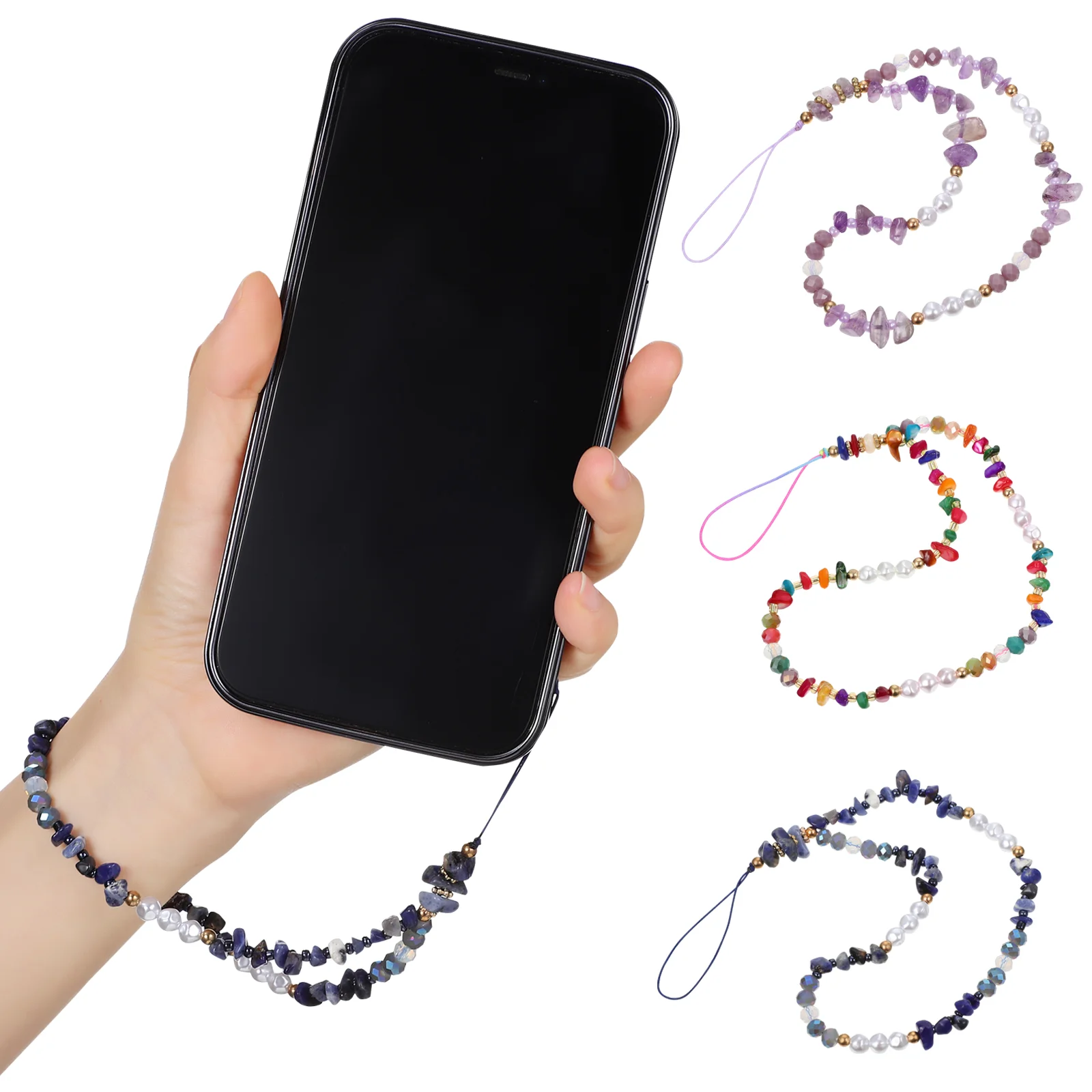 

3 Pcs Crushed Stone Pearl Color Matching Cellphone Wrist Rope Lanyard Beaded Chain Gravel Charms Miss Lanyards for Keys