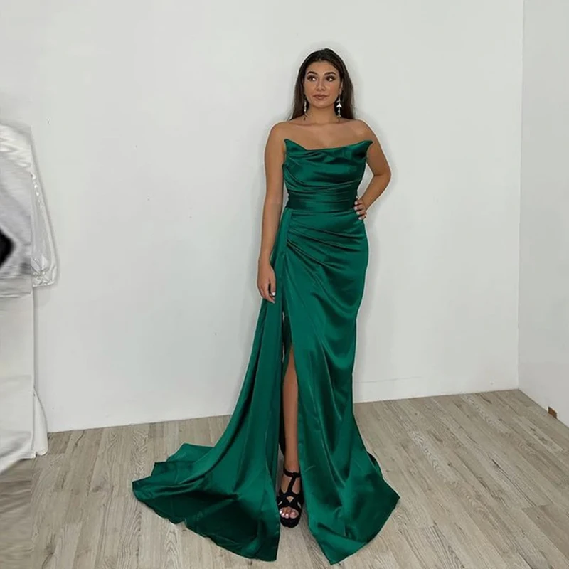

VENUS Modern Emerald Green Satin Long Evening Dresses Strapless Pleats Side Slit Prom Gowns Women Occasion Formal Dress