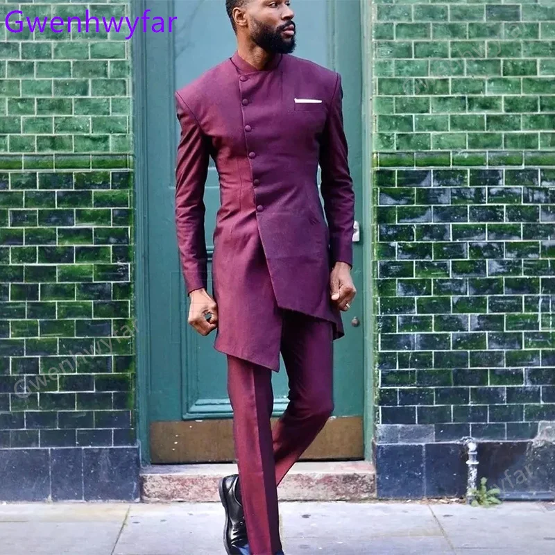 

Gwenhwyfar Modest Terno Social Masculino Stand Collar Asymmetrical Hemline Slim Fit Turkey 2 Pieces Tuxedo Suit for Men Clothes