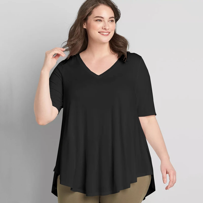 

Plus Size V-neck Summer Casual Hi Low Tunic Tops Women Short Sleeve Solid Black Loose Fit Flare Basic Swing Blouse And Top 7XL