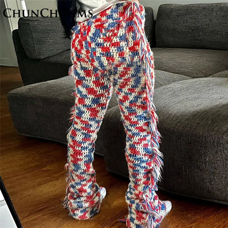 

Casual High-waisted Knitted Fringe Flared Pants Women Street Contrast Color Woolen Long Trouser Winter Warm Streetwear Bottom