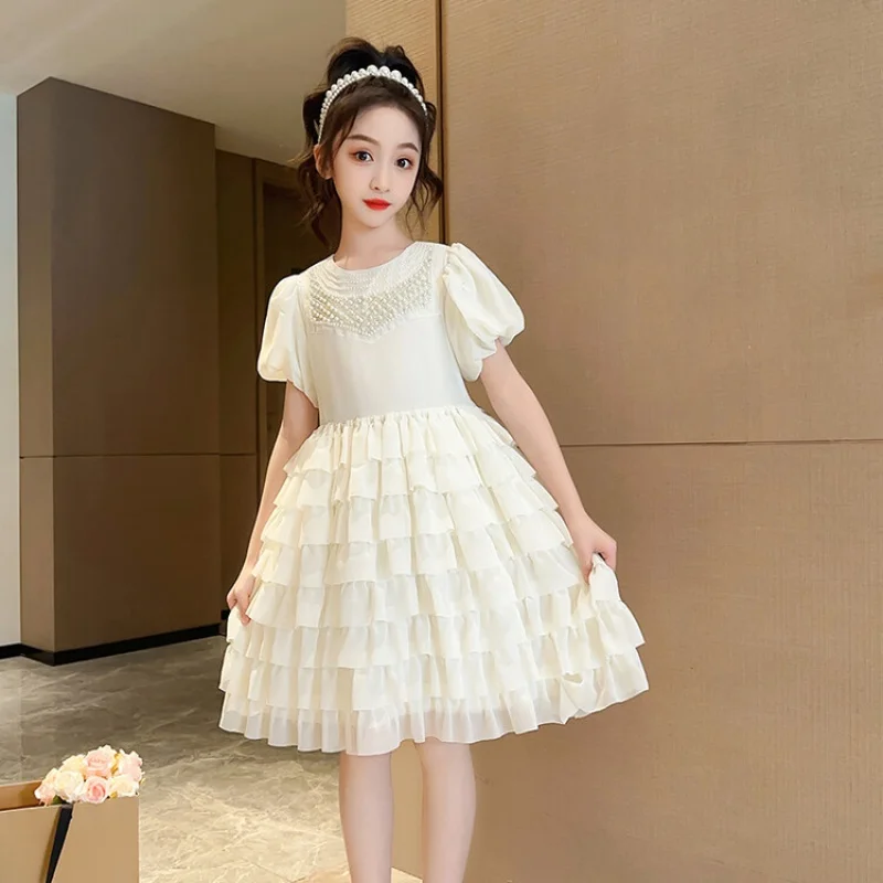 

Summer girl dresses 2023 Pearl princess dress 4-16years girl elegant formal occasion Luxury Prom Party Dress New Kid Dressess