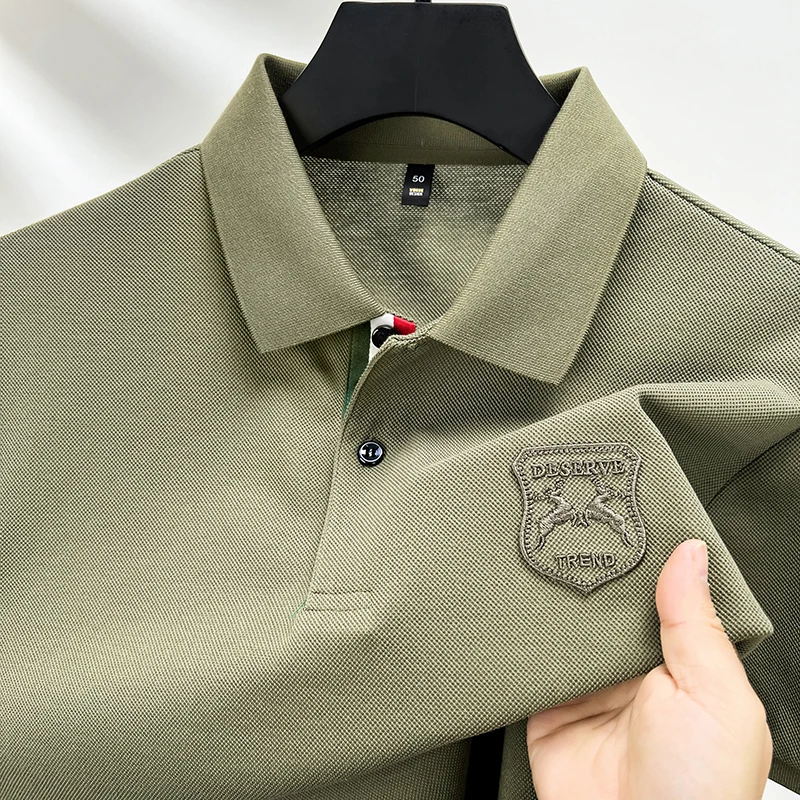 

Роскошная брендовая Новая мужская рубашка-поло с отложным воротником и вышивкой в виде оленя, крутая футболка с рукавом до локтя, 2024, Корейская деловая модная летняя мужская одежда