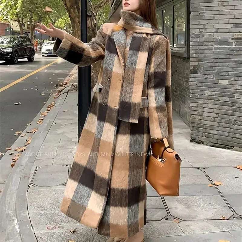 

French plaid woolen long coat jacket for women's winter 2024 autumn/winter new loose fitting high-quality trench coat for commut