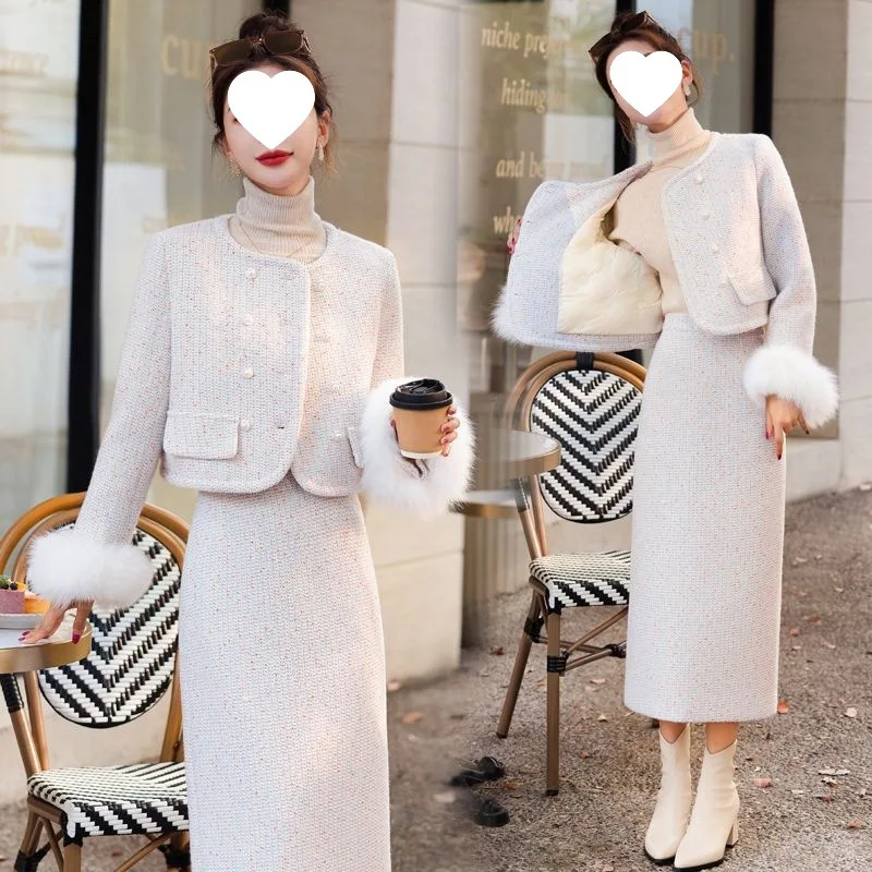 Korea Autumn Winter Sweet Tweed Skirt Suit Women Cute Fur Cuff Woolen Jackets Mini Skirt Purple Elegant Set Womens 2 Pieces Chic
Korea Autumn Winter Sweet Tweed Skirt Suit Women Cute Fur Cuff Woolen Jackets Mini Skirt Purple Elegant Set Womens 2 Pieces Chic