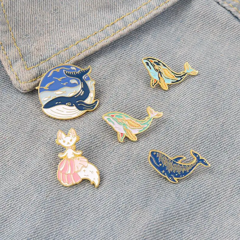 

Whale Enamel Pin Dreamy Humpback Whale Brooches Cat Mermaid Aniaml Art Metal Badges Bag Clothes Pins Up Jewelry Gifts