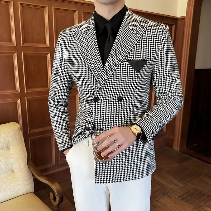 

Houndstooth Blazer Hombre Korean Luxury Clothing Double Breasted Blazers Jackets For Men Business Casual Slim Fit Suit Coats 3XL