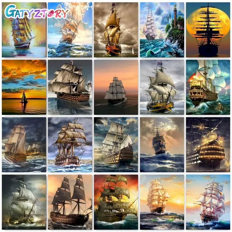 

GATYZTORY Sail Boat On Sea Landscape DIY Painting By Numbers Framed Oil Paints Kits Acrylic Pigment On Canvas Digital Craft Home