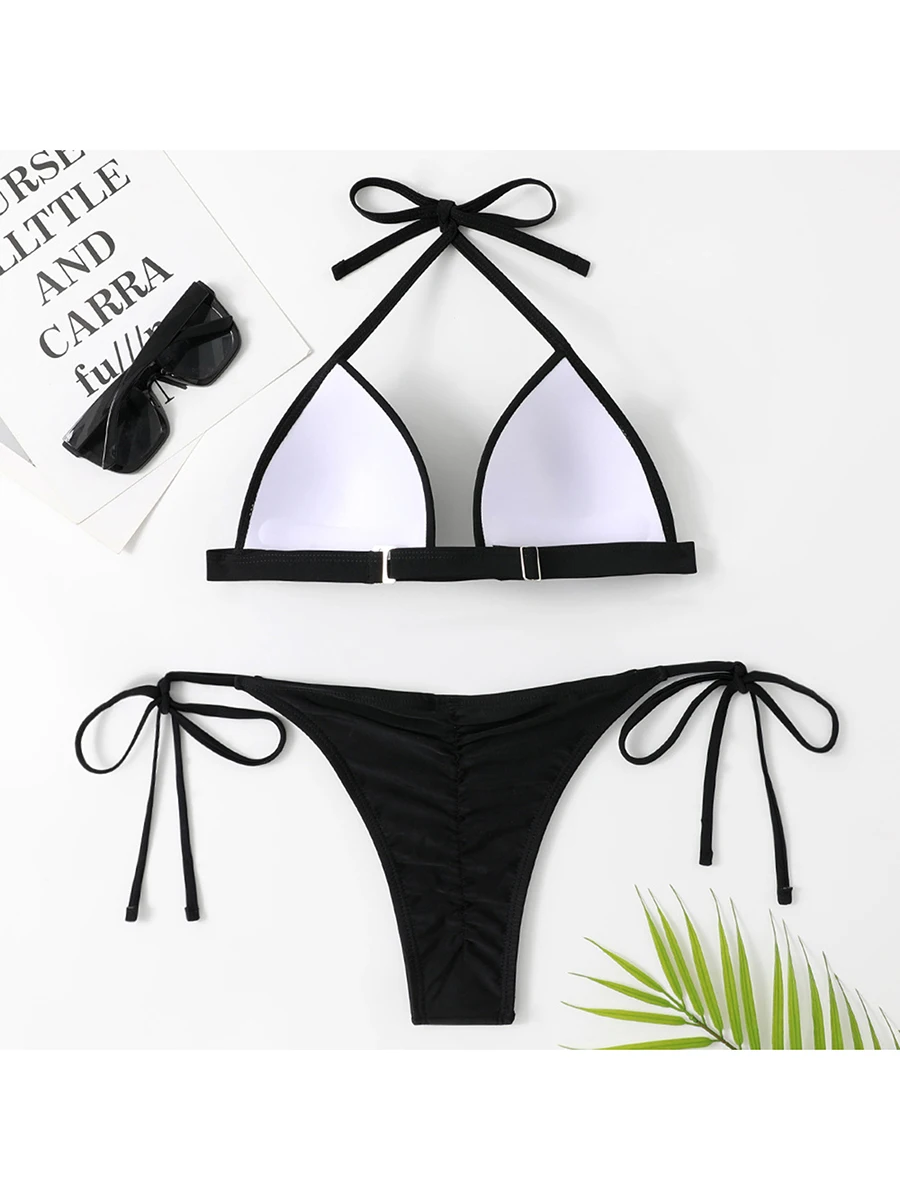 

Women Bikini Set Sleeveless Halterneck Bra with Tie-Up Low Waist Briefs Bathing Suit 2-Piece Swimsuit Beachwear