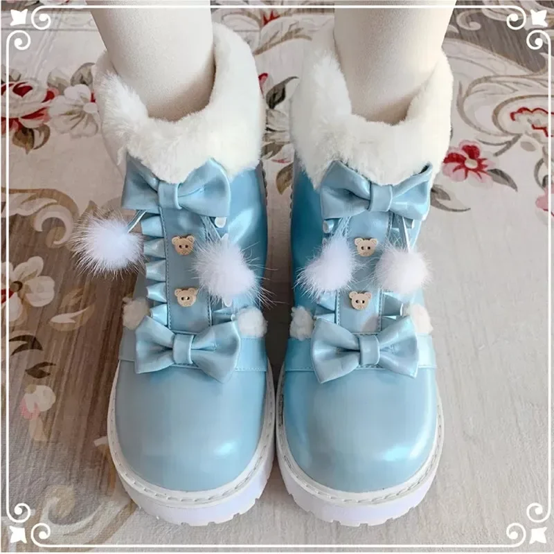

Pu Winter Japanese Lolita Boots Fluffy Round Toe Kawaii Anime Cosplay Women Shoes Lolita Ankle Boots Plus Velvet Warm Loli Boot