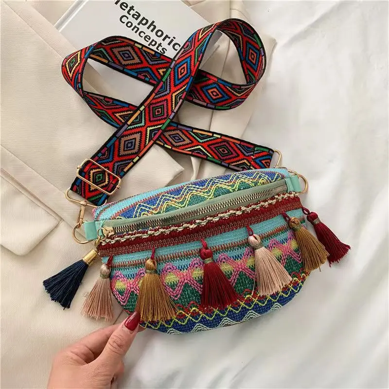 

Tassel Ethnic Style Women Waist Packs Adjustable Strap Variegated Color Fanny Pack with Fringe Decor Waist Bags Travel