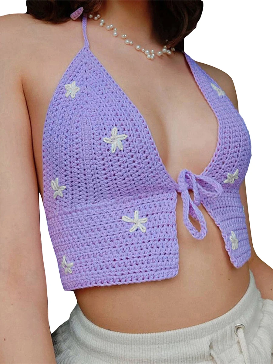 Кроп-Топ женский вязаный крючком, укороченный топ с лямкой на шее, с глубоким V-образным вырезом, без рукавов, с открытой спиной, с цветочным рисунком
Кроп-Топ женский вязаный крючком, укороченный топ с лямкой на шее, с глубоким V-образным вырезом, без рукавов, с открытой спиной, с цветочным рисунком