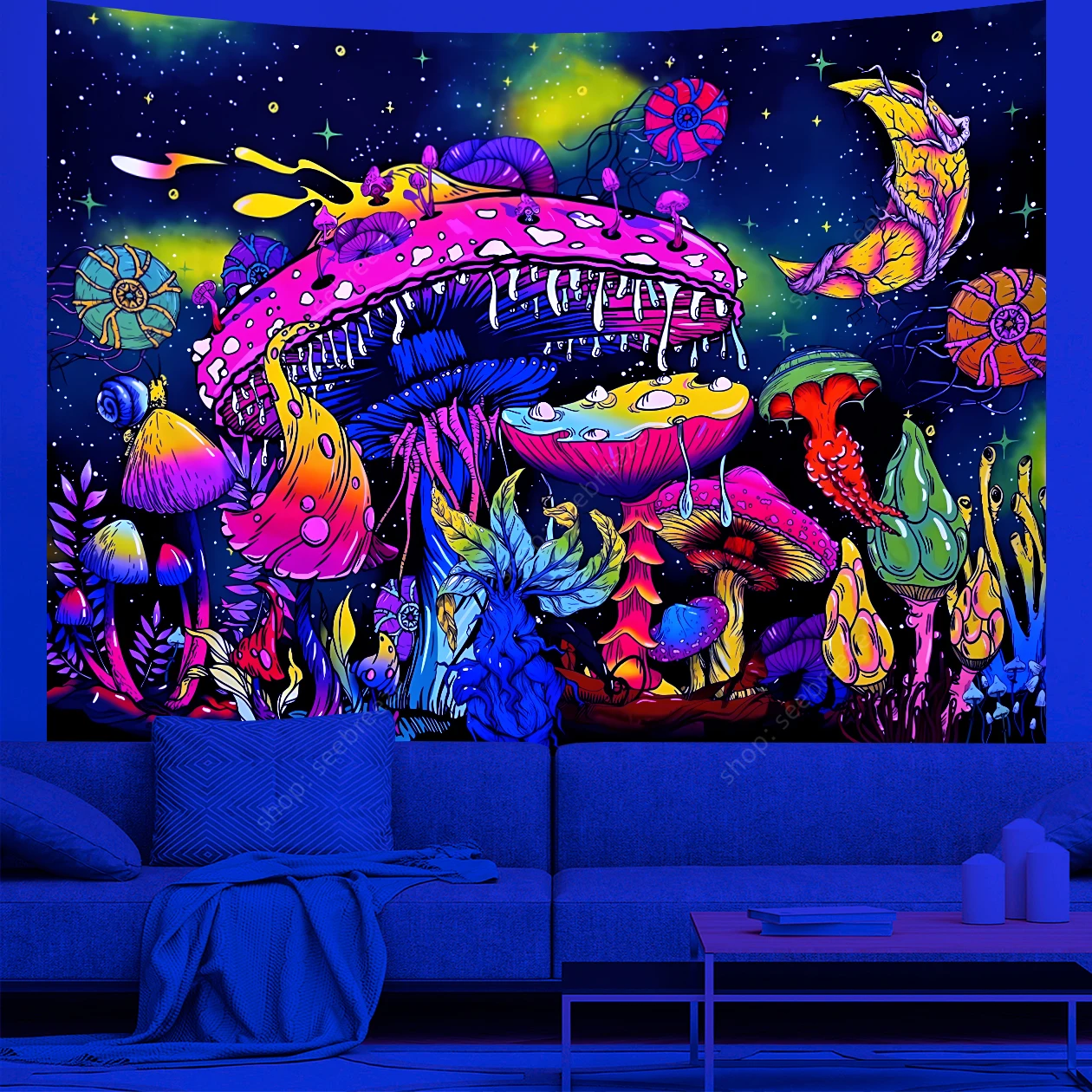 

Psychedelic Mushroom UV Reactive Tapestry Aesthetic Moon Starry Night Sky Tapestry Wall Hanging Hippie Room wall Decor Curtain