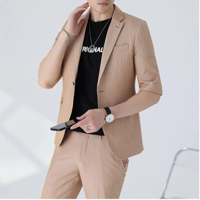 2023 Summer New Striped Mid-sleeve Suit Single Buckle Blazer Match Nine-point Pants Men Business Casual Social Vacation 2-piece
2023 Summer New Striped Mid-sleeve Suit Single Buckle Blazer Match Nine-point Pants Men Business Casual Social Vacation 2-piece