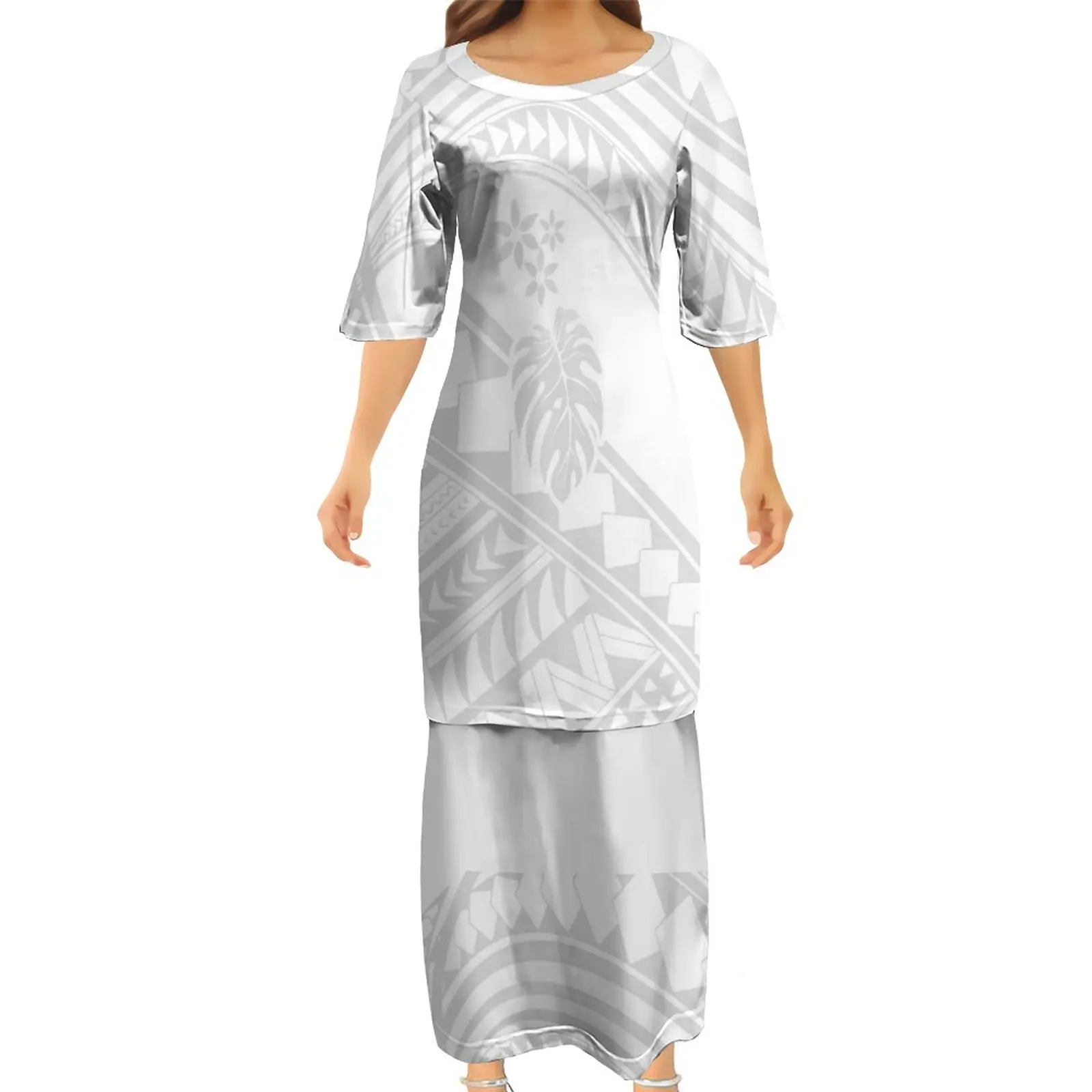 

Polynesian Tribal Sublimation Print Half Sleeve White Puletasi Top And Skirt Two Piece Set Dresses Hawaii Design Puletasi Dress