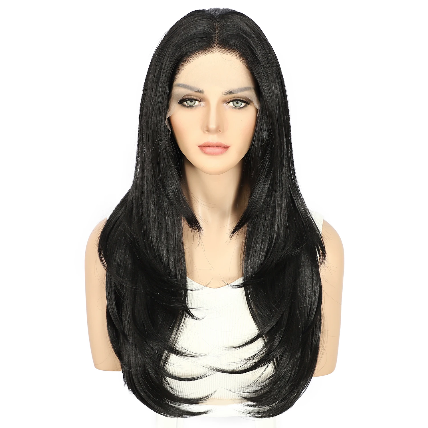 

2024 New 13x3 Synthetic Lace Front Wig 1B Black Medium Long Layered Lift Daily Wear Women Wig 25~26inches