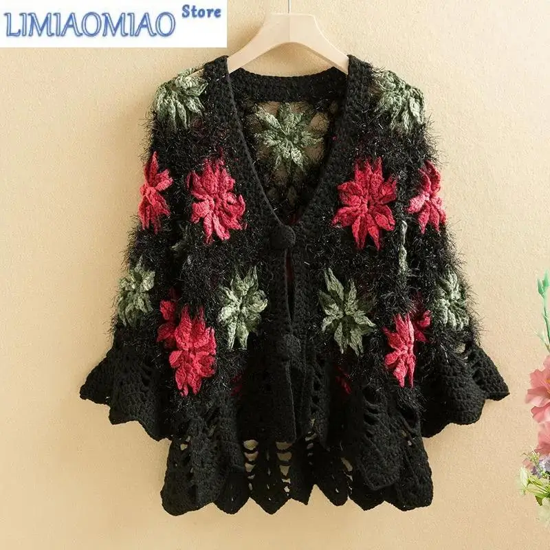 

New Three-Dimensional Flower Openwork Crocheted Sweater Cardigan Women Spring Autumn New Heavy Industry Joker Sweater 3XL Coat