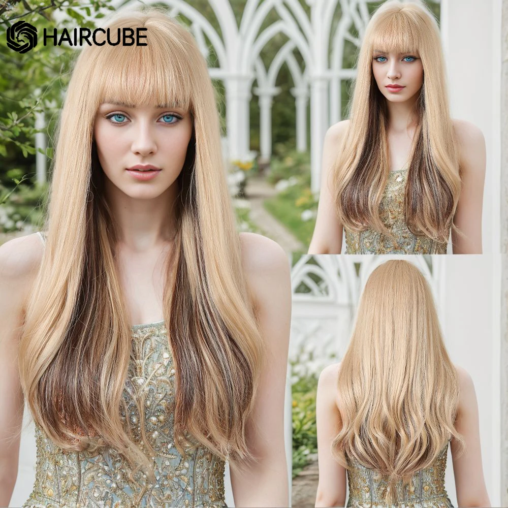 

Светильник светлые коричневые длинные натуральные волнистые синтетические парики для женщин, искусственные волосы с челкой, ежедневное быстрое использование, термостойкие парики