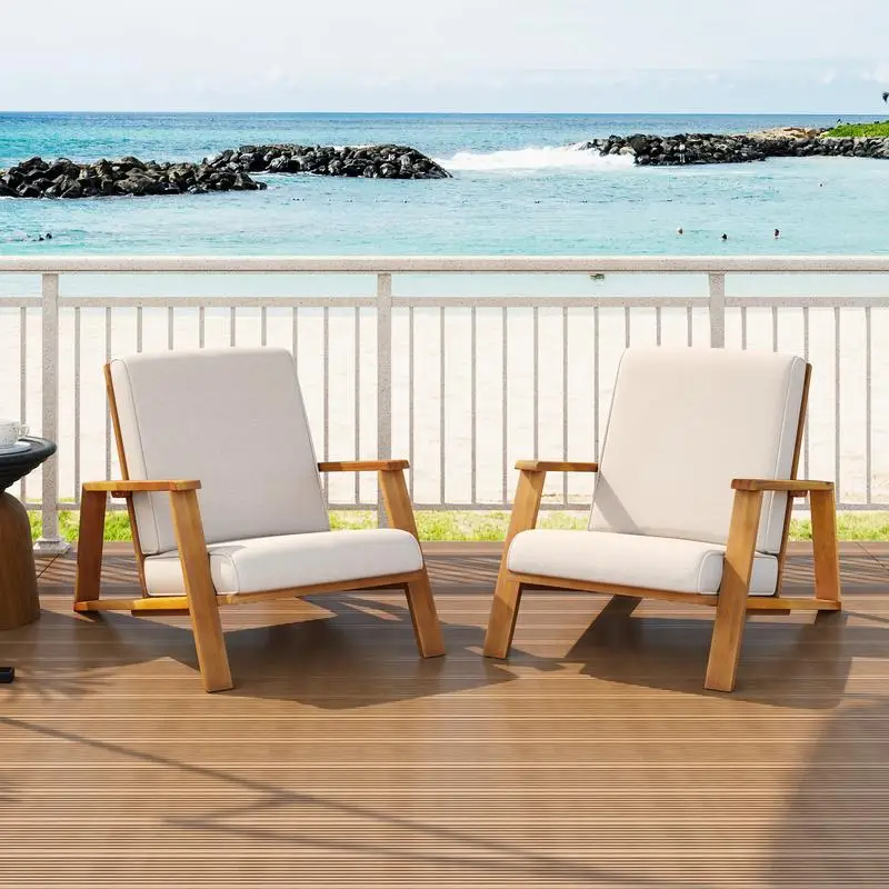 Set of 2 Outdoor Club Chairs with Beige Cushions and Teak Acacia Wood Frame for Patio Lounge Set of 2 Outdoor Club Chairs with Beige Cushions and Teak Acacia Wood Frame for Patio Lounge