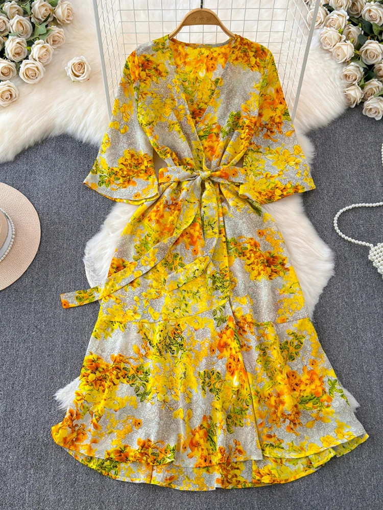 

French V-neck Yellow Beach Floral Dress For Women Chic Summer Loose Lace-up Waist Ruffled Edge Flared Sleeves Slit Long Skirt