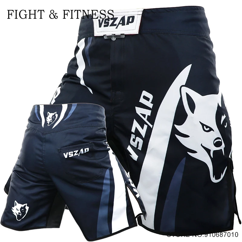 

MMA Pants VSZAP Muay Thai Shorts Black Wolf Print Mixed Martial Arts Grappling Boxing Training Trunks Kickboxing Cage Fight Wear