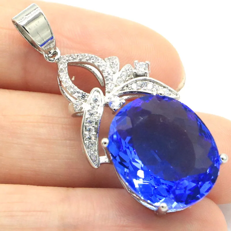 

42x17mm Stunning 5.2g Blue Sapphire Rich Blue Violet Tanzanite White CZ Women Daily Wear Silver Pendant