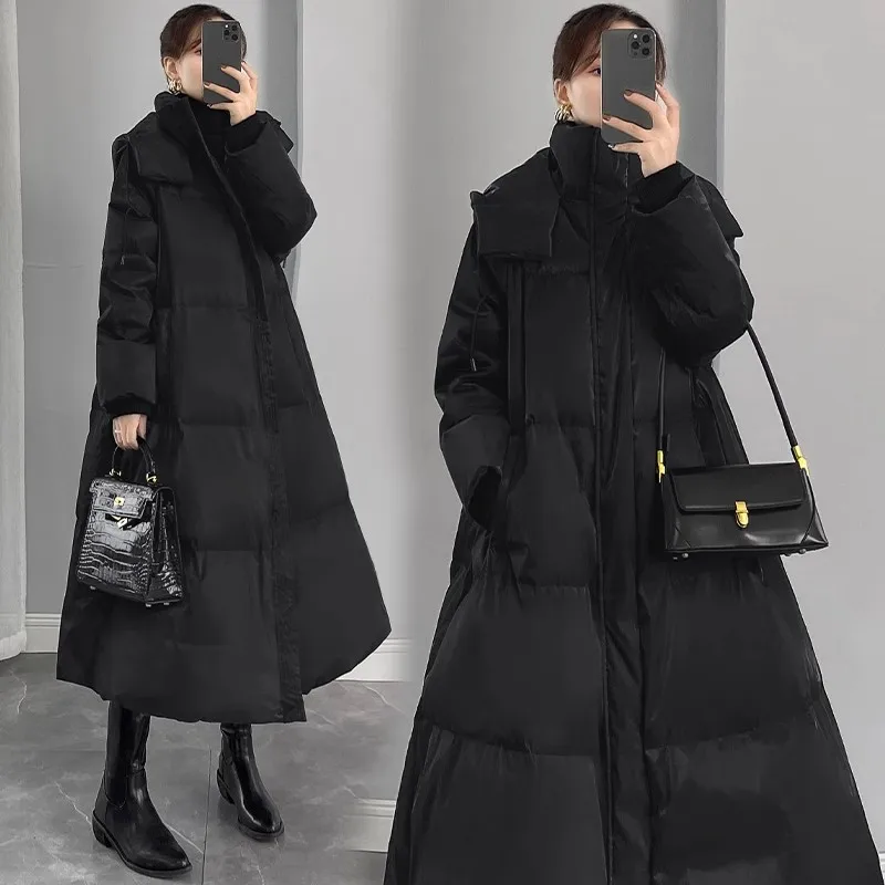 

Black Hooded Down Jacket 2024 New Women's Winter Korean Loose Long White duck down Coat Windproof Female Thicken Parkas Overcoat