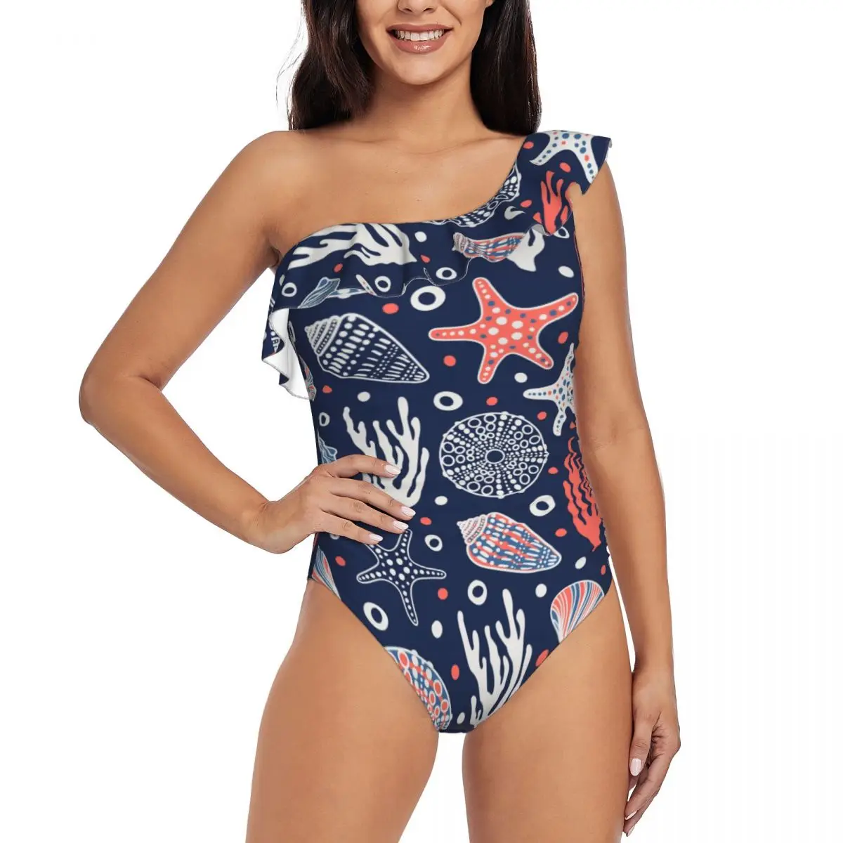 

Starfish 3D Print Women's One Shoulder Ruffle Monokinis Swimwear Asymmetric Ruffle