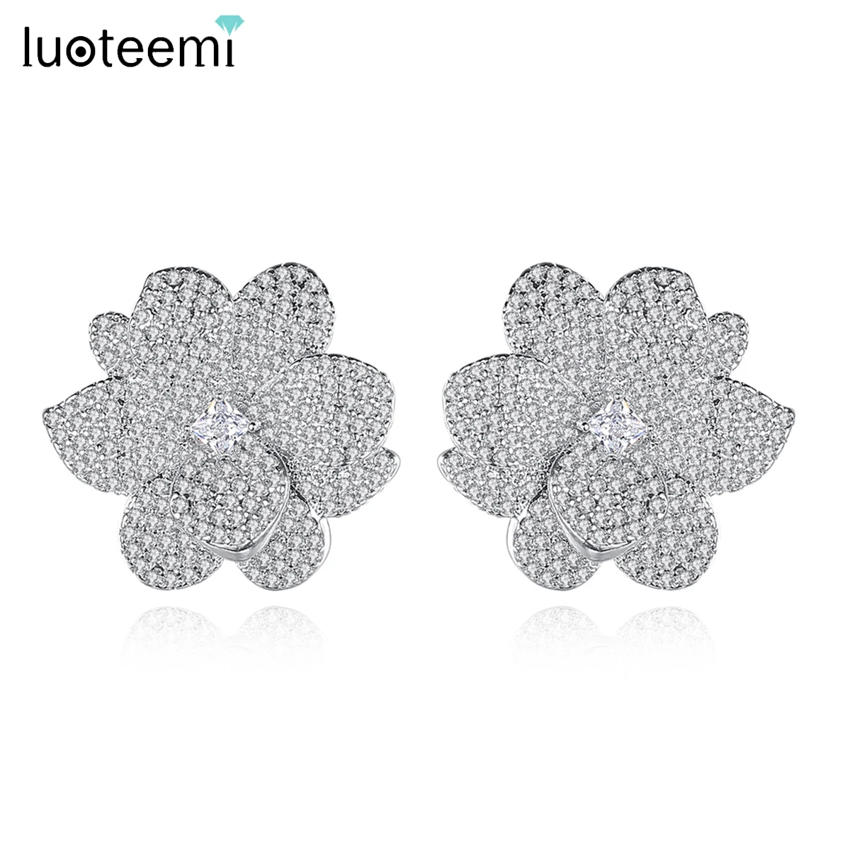 

LUOTEEMI Luxury Big Flower Stunning Cubic Zirconia Stud Earring for Women Wedding Bridal Engagement Plant Jewelry Christmas Gift