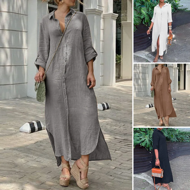 2024 Summer Fashion New Elegant Cotton and Hemp Women's Dress Flip Collar Single Breasted Spliced Irregular Women's 
2024 Summer Fashion New Elegant Cotton and Hemp Women's Dress Flip Collar Single Breasted Spliced Irregular Women's